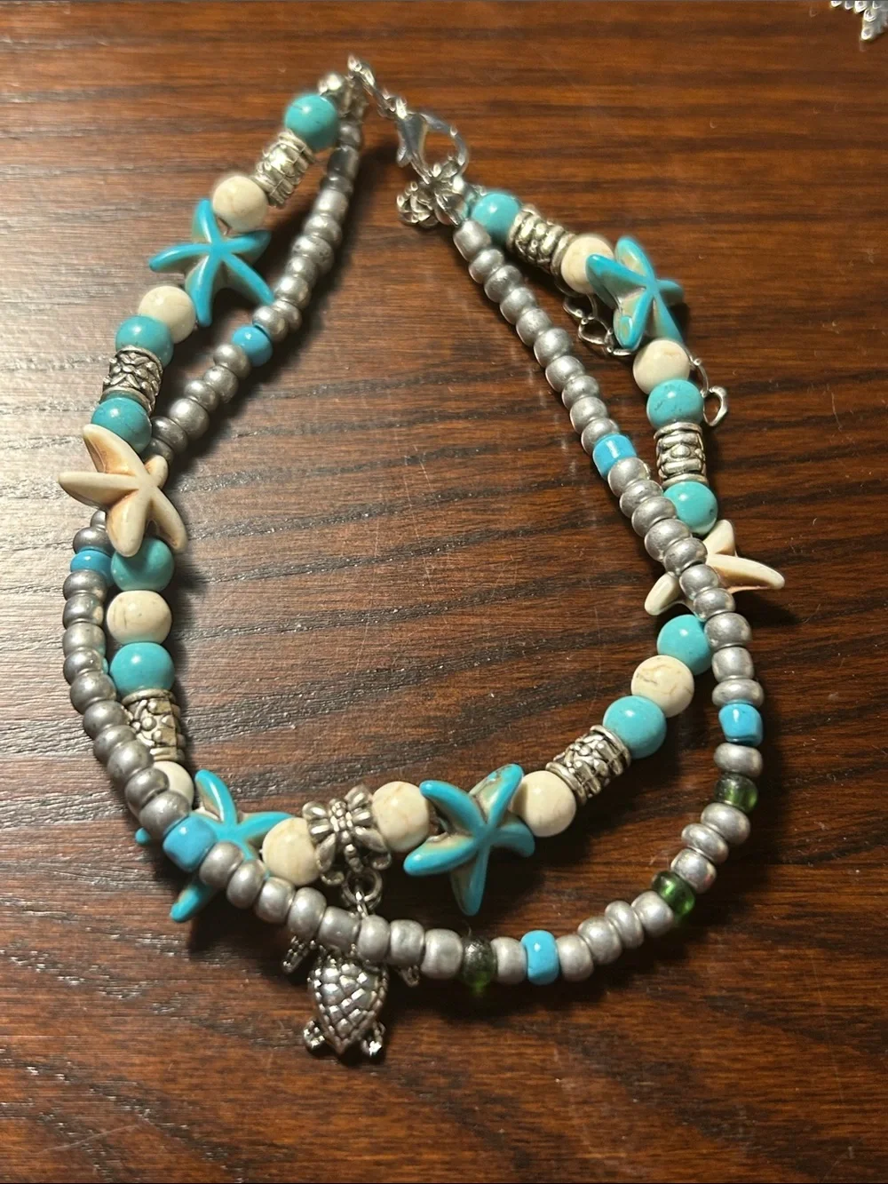 Turquoise & Silver Starfish and turtle Beaded Bracelet Set